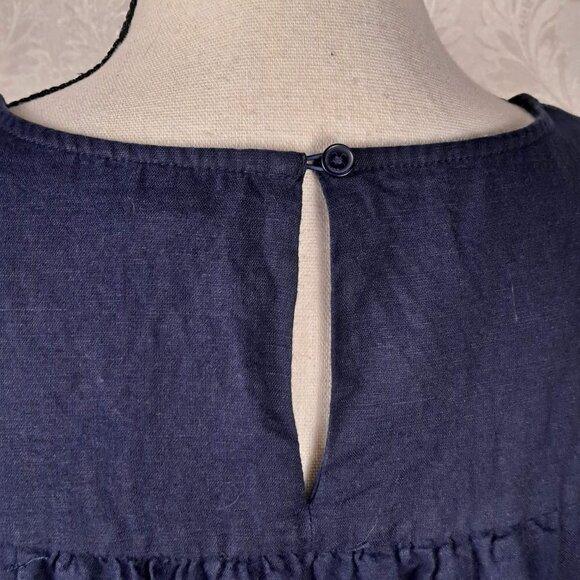 J Crew Size Medium Navy Blue Shift Dress Green Embroidery Linen/Cotton Slvls EUC - Picture 9 of 13